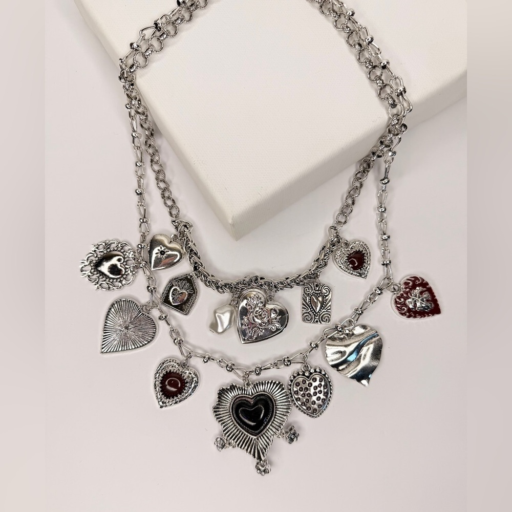 Silver Heart Charm Layered Necklace